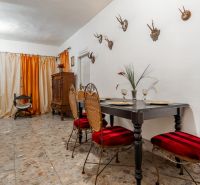 Dining area in a cabin with trophies on the wall and elegant furniture.