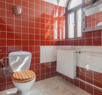 Bathroom in a cabin with red and white tiles, a mirror, and a toilet.