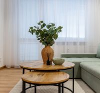 Living room in a 2-room apartment with a sofa, tables, and a floor with a wooden decor.