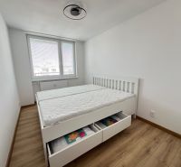 Bedroom in a 2-room apartment with a bed and a wooden decor floor.