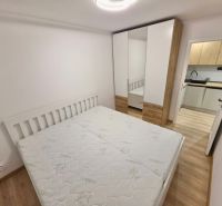 Bedroom with a bed, built-in wardrobe, and a view of the kitchen in a 2-room apartment.