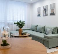 A living room in a two-room apartment with a green sofa, flowers, and paintings on the wall.