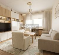 A comfortable living room in a 4-room apartment with a wooden decor floor and light furniture.