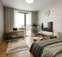 Bedroom in a 4-room apartment with wood-patterned flooring, a desk, and a television.