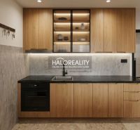 A kitchen in a 4-room apartment with wooden cabinets and decorative lighting.