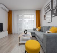 Living room with wood-patterned flooring, gray sofa, and yellow accessories.