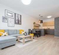 Living room with a kitchenette in a 2-room apartment, bright interior, sofa, wall paintings.