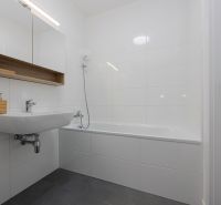 A bathroom with a bathtub and a sink in a 2-room apartment.