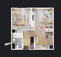 Apartment layout with wood-patterned flooring, living room, and bedroom.