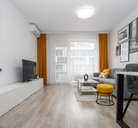 Living room in a two-room apartment with a wooden decor floor, yellow curtains, and a sofa.