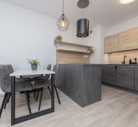 Kitchen with dining area, wooden decor flooring, 2-room apartment.