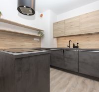 A kitchen in a 2-room apartment with a wood-decorated floor and a modern gray-wood design.