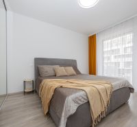 Bedroom in a 2-room apartment with a large bed and a wardrobe, floor with wood decor.