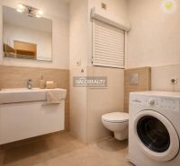 Bathroom in a studio apartment with a sink, washing machine, and mirror.