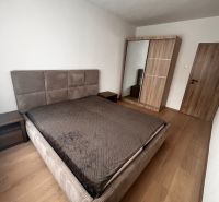 Bedroom in a 2-room apartment with a bed and a wardrobe, floor with wood decor.