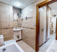 Bathroom of a three-room apartment with light tiles and a mirror.