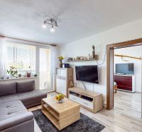 Living room in a 3-room apartment with a gray sofa and a wooden decor floor.