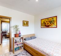 A room in a 3-room apartment with a bed, a shelf, and pictures on the walls.