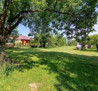 A garden with trees and a house in the background in Strážske, designated for residential land.