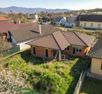 A family house in Drietoma with a garden, surrounded by other houses and nature in the background.