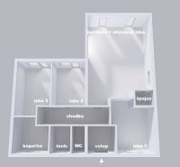 Floor plan of a family house with room division: kitchen, hallway, bathroom, and rooms.
