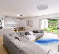 Living room interior in a family house with a sofa and a view of the garden.