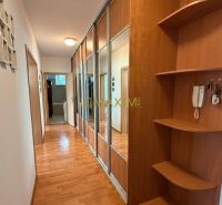 A hallway with a built-in wardrobe and shelves, a floor with a wood decor, a 2-room apartment.