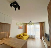 Living room with wood-patterned flooring, a yellow sofa, and modern lighting in a two-room apartment.