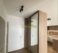 Entrance hallway of a 2-room apartment with wood-patterned flooring and a built-in wardrobe.