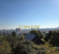 View of Bratislava from the plot on Tupého, green trees, buildings in the background.