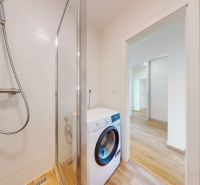 Bathroom in a 2-room apartment with a shower, washing machine, and wooden decor flooring.