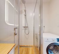 Bathroom in a 2-room apartment with a washing machine and a shower, floor with wood decor.