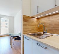 A kitchen with a wooden decor floor and a living area in a 2-room apartment.