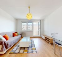 Living room of a two-room apartment with a wooden decor floor and minimalist furniture.