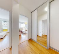 Entrance hallway with a large wardrobe, view into the rooms, floor with wood decor.