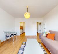 Living room in a two-room apartment with a sofa, dining table, and wood-patterned flooring.