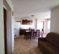 Living room with a kitchenette and a wooden decor floor in a family house.
