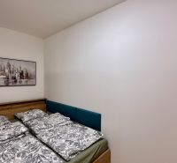 Bedroom with a bed and a painting in a two-room apartment with a wooden decor floor.