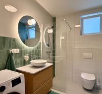 Bathroom in a 2-room apartment with a washing machine, sink, and shower; green tiles, window.