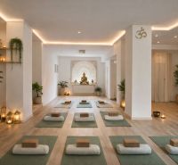 Yoga studio with wood decor flooring, decorations, and exercise mats.