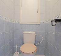 A toilet with light blue tiles, a white toilet, and space for cleaning products.