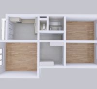 Floor plan of a 3-room apartment with wood-patterned flooring and a kitchen located by the window.