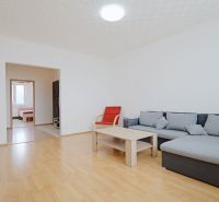 Living room in a 3-room apartment with a sofa and a wooden decor floor.