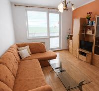 A living room in a two-room apartment with an orange sofa and a wooden-patterned floor.