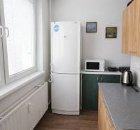 Kitchen in a 2-room apartment with a refrigerator and kitchen unit, floor with wooden decor.