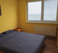 Bedroom in a 2-room apartment with a bed, yellow walls, and a wood-patterned floor.
