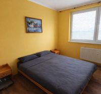 A bedroom in a two-room apartment with a wooden decor floor and yellow walls.