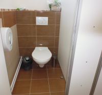 A toilet with a wall-hung bowl and tiles in commercial premises.