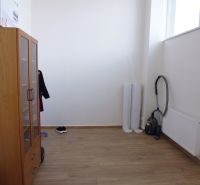 Commercial premises with a wooden decor floor, a cabinet, and a vacuum cleaner.