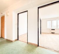 A hallway with a wooden decor floor and a view of a room in a 3-bedroom apartment.